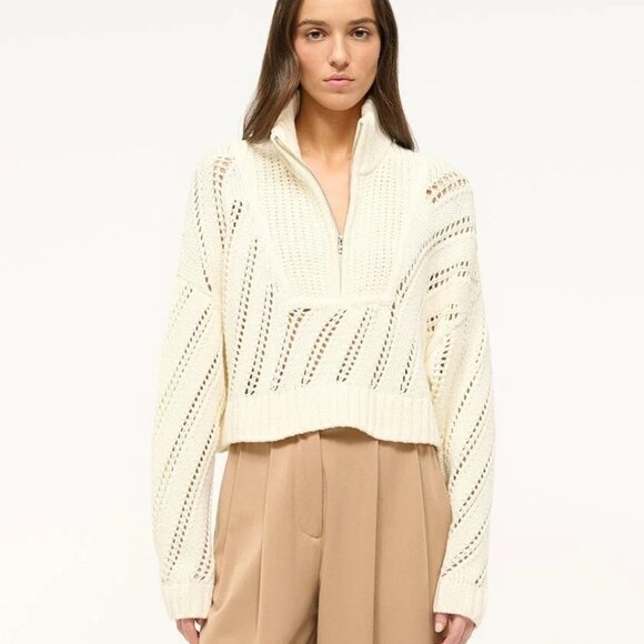 STAUD Sweaters - Staud Ivory Hampton Half Zip Cropped Sweater NWT XL Cotton Knit